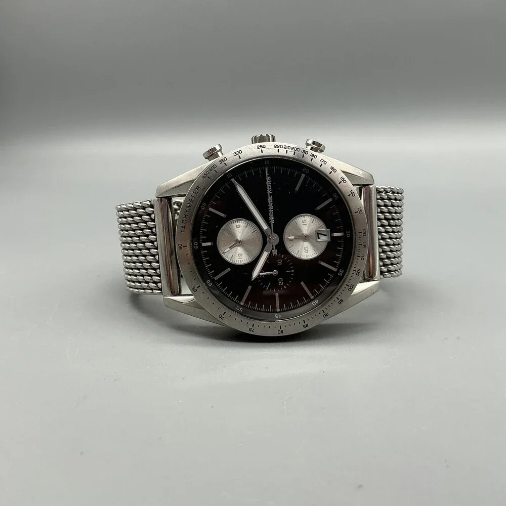 Michael Kors MK8838 Mens Watch 42mm Black Dial Silver Tone Chrono Date New Batt